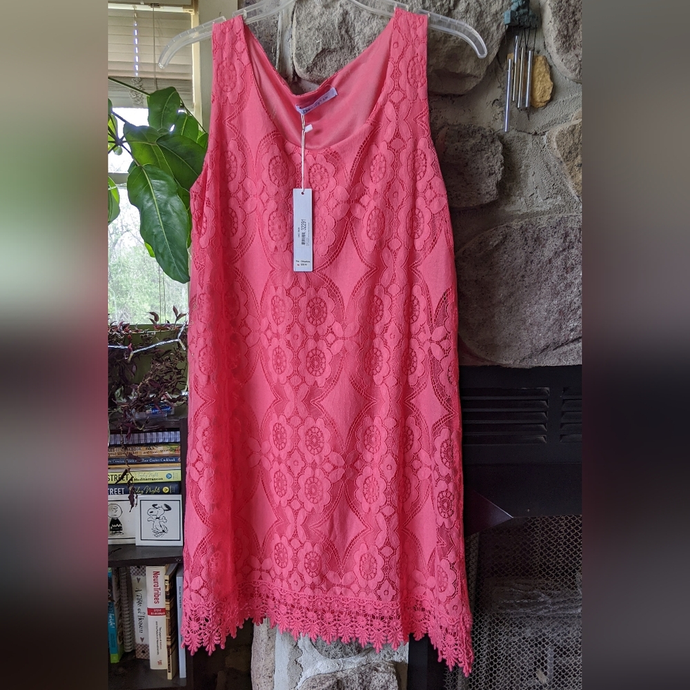 Pink Coral Lace Sleeveless Dress. Fully Lined.